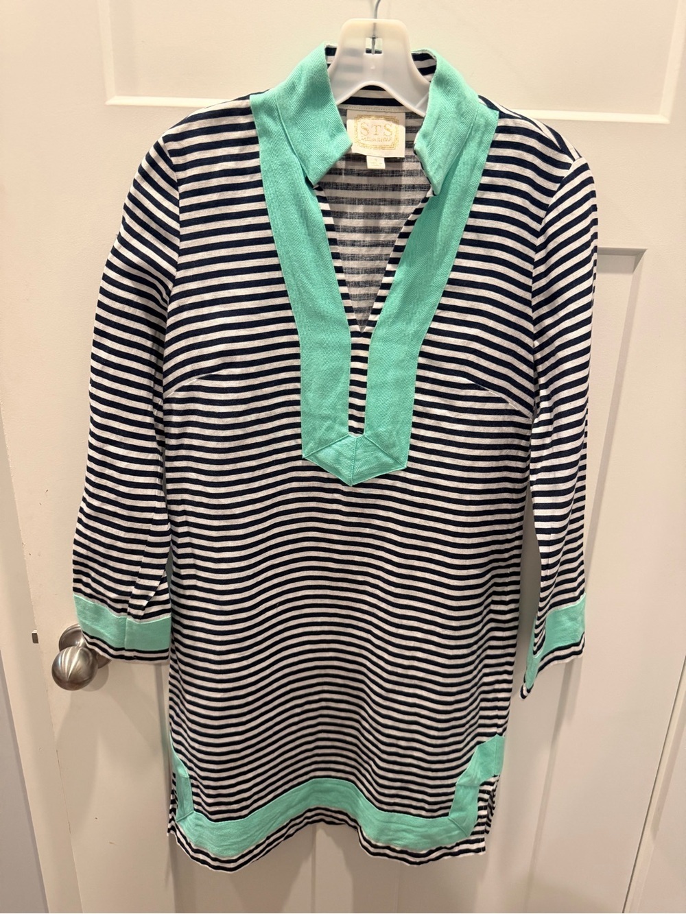 STS Sail to Sable 100% Linen Navy Stripe Tunic Top Aqua Trim Small